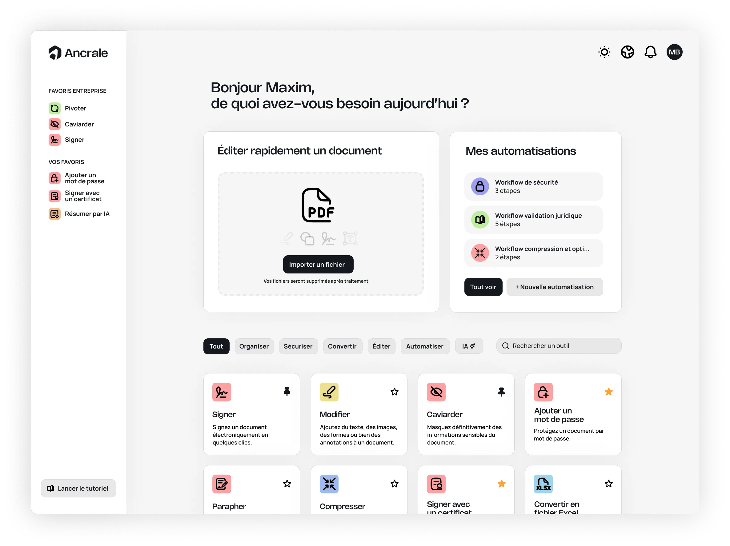 Interface de l'application Ancrale - éditeur PDF souverain avec tableau de bord, édition et automatisation de documents
