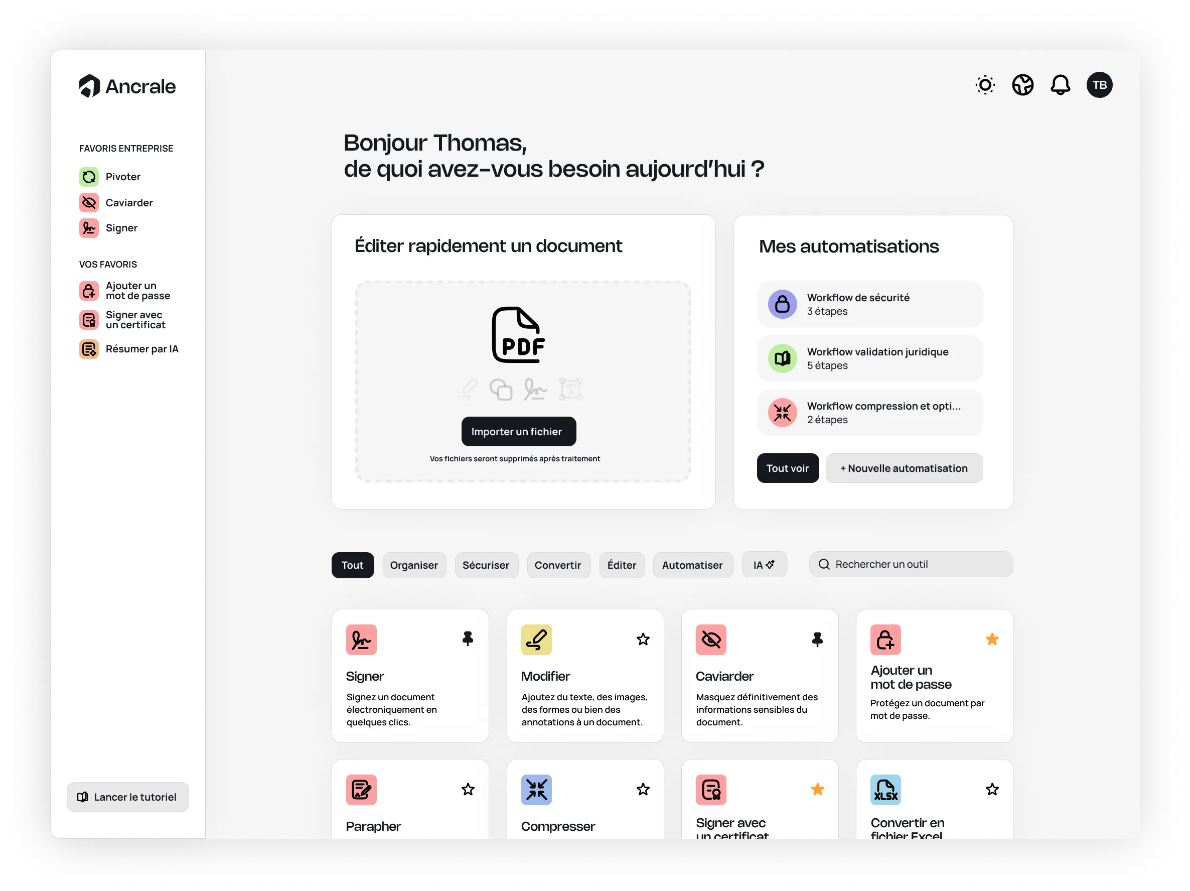 Interface de l'application Ancrale - éditeur PDF souverain avec tableau de bord, édition et automatisation de documents